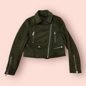Zara Basic Moto Jacket Womens Size Small Green Faux Suede Zip Up